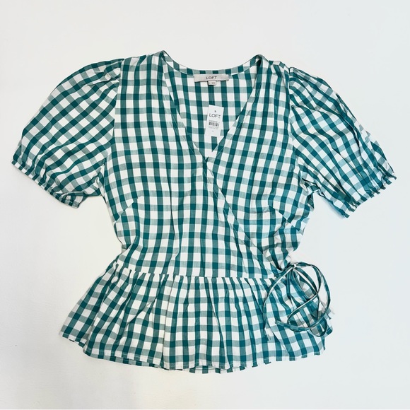 LOFT Gingham Wrap Top Peplum Short Sleeves Green Check Plaid Size Medium - Picture 2 of 8